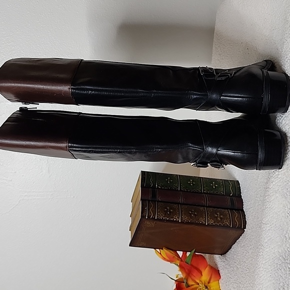 Lauren Ralph Lauren Marba Two Tone Leather Western Knee High Heeled Boots Riding - Picture 9 of 16